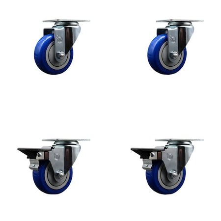 Service Caster 3.5'' Blue Poly Wheel Swivel Top Plate Caster Set with 2 Posi Brakes, 4PK SCC-20S3514-PPUB-BLUE-2-PLB-2